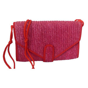 Woven Straw Clutch Snap Front Handbag Vintage Red Strap Crossbody Envelope